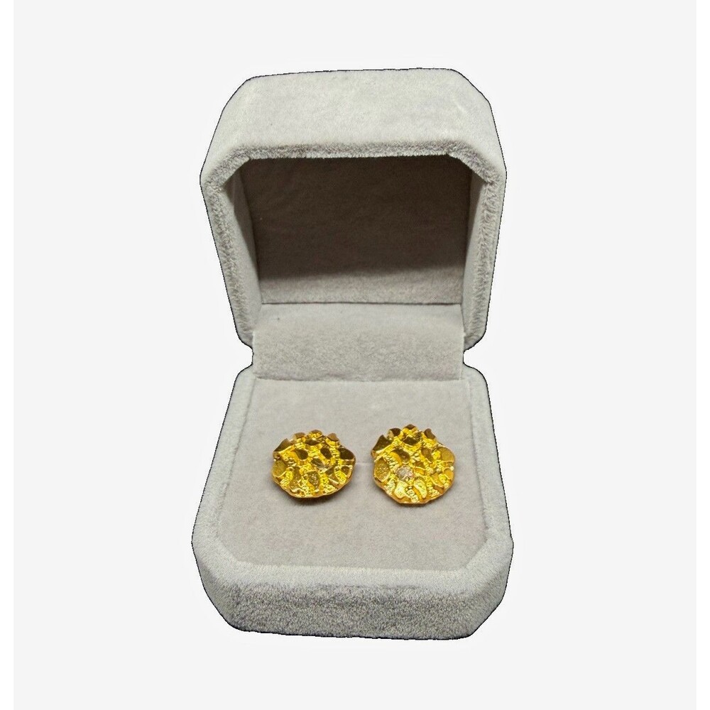 10K Gold Tone Round Stud Earrings Pair with Butterfly Backs in White Jewelry Box